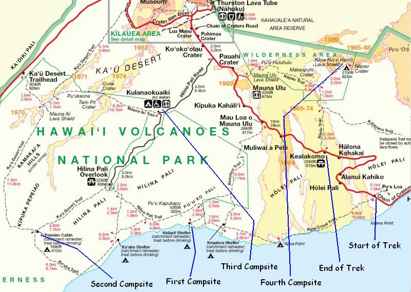 Extract from Hawaii Volcanoes National Park Map to include trails followed during 50-Mile Trek